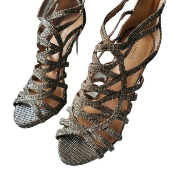 EXPRESS Womens‎ Heels SZ 8 Stiletto Sparkle Glitter Gold Zipper Strappy Open Toe - Picture 10 of 13